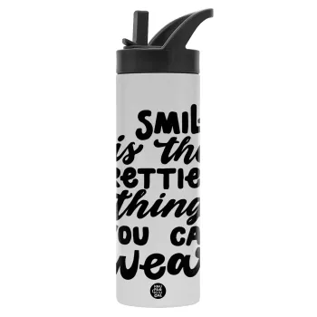 A smile is the prettiest thing you can wear, Μεταλλικό παγούρι θερμός με καλαμάκι & χειρολαβή, ανοξείδωτο ατσάλι (Stainless steel 304), διπλού τοιχώματος, 600ml