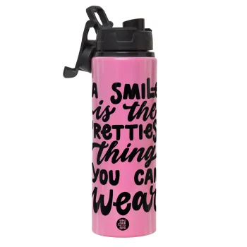 A smile is the prettiest thing you can wear, Metallic water bottle with safety lid, 850ml aluminum