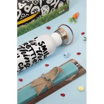 A smile is the prettiest thing you can wear, Πασχαλινή Λαμπάδα με παγούρι μεταλλικό (620ml, stainless steel) & κερί αρωματικό πλακέ (30cm) (ΤΙΡΚΟΥΑΖ)