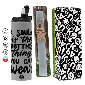 A smile is the prettiest thing you can wear, Πασχαλινή Λαμπάδα με Travel Tumbler θερμό (600ml, BPA free) & κερί αρωματικό πλακέ (30cm) (ΓΚΡΙ)