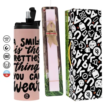 A smile is the prettiest thing you can wear, Πασχαλινή Λαμπάδα με  ΡΟΖ Travel Tumbler θερμό (600ml, BPA free) & κερί αρωματικό πλακέ (30cm) (ΡΟΖ)