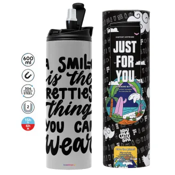 A smile is the prettiest thing you can wear, Tumbler ποτήρι θερμό ΓΚΡΙ από ανοξείδωτο ατσάλι 600ml
