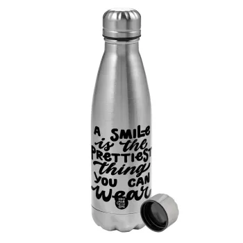A smile is the prettiest thing you can wear, Metallic water bottle, stainless steel, 750ml