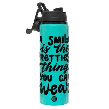 A smile is the prettiest thing you can wear, Metallic water bottle with safety lid, 850ml aluminum