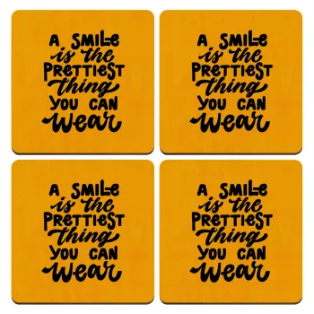 A smile is the prettiest thing you can wear, ΣΕΤ x4 Σουβέρ ξύλινα τετράγωνα plywood (9cm)