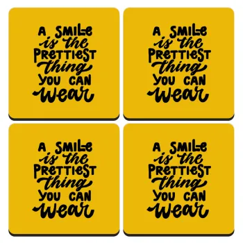 A smile is the prettiest thing you can wear, ΣΕΤ 4 Σουβέρ ξύλινα τετράγωνα (9cm)