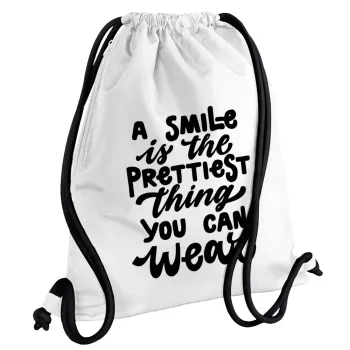 A smile is the prettiest thing you can wear, Backpack pouch GYMBAG white, with pocket (40x48cm) & thick cords