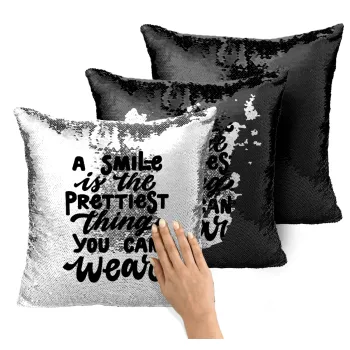 A smile is the prettiest thing you can wear, Μαξιλάρι καναπέ Μαγικό Μαύρο με πούλιες 40x40cm περιέχεται το γέμισμα
