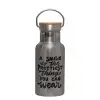 Stainless steel metallic thermos flask, silver with a bamboo lid, double-walled, 350ml.