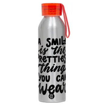 A smile is the prettiest thing you can wear, Αλουμινένιο Αθλητικό Μπουκάλι 650ml – Ασημί με Κόκκινο Καπάκι και Λουράκι Σιλικόνης