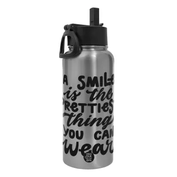 A smile is the prettiest thing you can wear, Μεταλλικό παγούρι θερμός Silver με καλαμάκι και χερούλι (Stainless steel), διπλού τοιχώματος, 950ml