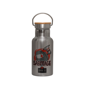 Among US Sabotage, Stainless steel metallic thermos flask, silver with a bamboo lid, double-walled, 350ml.