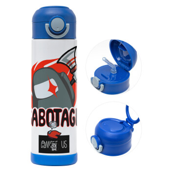 Among US Sabotage, Children's hot water bottle, stainless steel, with safety straw, BLUE (500ml)