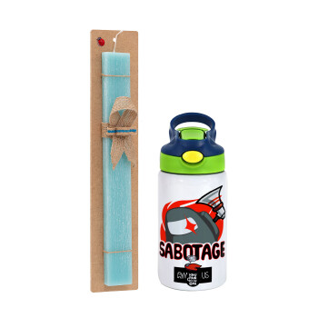 Among US Sabotage, Easter Set, Children's thermal stainless steel bottle with safety straw, green/blue (350ml) & aromatic flat Easter candle (30cm) (TURQUOISE)