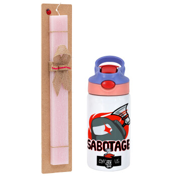 Among US Sabotage, Easter Set, Children's thermal stainless steel water bottle with safety straw, pink/purple (350ml) & Easter scented flat candle (30cm) (PINK)