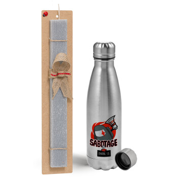 Among US Sabotage, Easter Set, metallic Inox water bottle (750ml) & aromatic flat Easter candle (30cm) (GRAY)