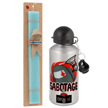 Among US Sabotage, Easter Set, metallic silver aluminum water bottle (500ml) & scented flat Easter candle (30cm) (TURQUOISE)
