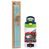 Easter Set, Children's thermal stainless steel bottle with safety straw, green/blue (350ml) & aromatic flat Easter candle (30cm) (TURQUOISE)