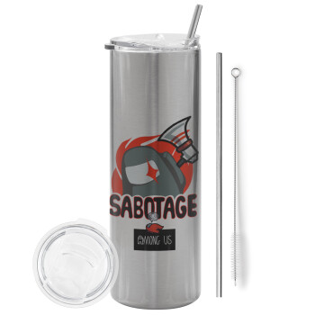 Among US Sabotage, Eco friendly ποτήρι θερμό Ασημένιο (tumbler) από ανοξείδωτο ατσάλι 600ml, με μεταλλικό καλαμάκι & βούρτσα καθαρισμού