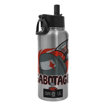 Among US Sabotage, Metal mug thermo Silver with Straw and Spout Lid (Stainless steel), double wall, 950ml