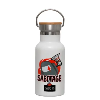Among US Sabotage, Metallic thermos (Stainless steel) White with wooden lid (bamboo), double-walled, 350ml