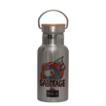 Among US Sabotage, Μεταλλικό παγούρι θερμός (Stainless steel) Ασημένιο με ξύλινο καπακι (bamboo), διπλού τοιχώματος, 350ml