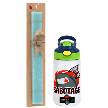 Among US Sabotage, Easter Set, Children's thermal stainless steel bottle with safety straw, green/blue (350ml) & aromatic flat Easter candle (30cm) (TURQUOISE)