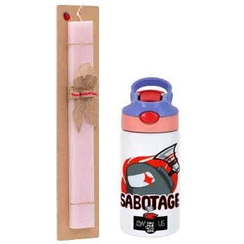 Among US Sabotage, Easter Set, Children's thermal stainless steel water bottle with safety straw, pink/purple (350ml) & Easter scented flat candle (30cm) (PINK)