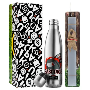 Among US Sabotage, Easter Set, metallic stainless thermos flask (500ml) & scented flat Easter candle (30cm) (GRAY)
