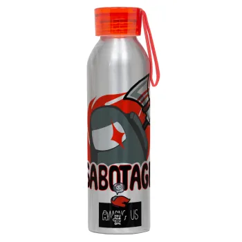 Among US Sabotage, Αλουμινένιο Αθλητικό Μπουκάλι 650ml – Ασημί με Κόκκινο Καπάκι και Λουράκι Σιλικόνης