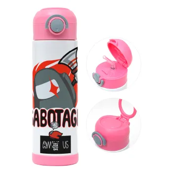 Among US Sabotage, Παιδικό παγούρι θερμό, ανοξείδωτο, με καλαμάκι ασφαλείας, ΡΟΖ (500ml)
