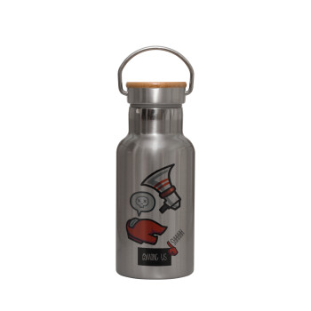 Among US Shhhh!!!, Stainless steel metallic thermos flask, silver with a bamboo lid, double-walled, 350ml.