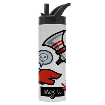 Among US Shhhh!!!, Metallic thermos bottle with straw & handle, stainless steel (Stainless steel 304), double-walled, 600ml.