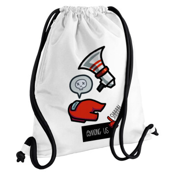 Among US Shhhh!!!, Backpack pouch GYMBAG white, with pocket (40x48cm) & thick cords