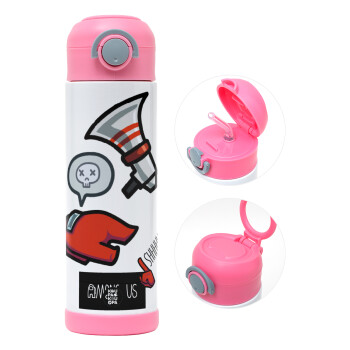 Among US Shhhh!!!, Children's hot water bottle, stainless steel, with safety straw, PINK (500ml)
