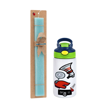 Among US Shhhh!!!, Easter Set, Children's thermal stainless steel bottle with safety straw, green/blue (350ml) & aromatic flat Easter candle (30cm) (TURQUOISE)