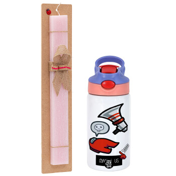 Among US Shhhh!!!, Easter Set, Children's thermal stainless steel water bottle with safety straw, pink/purple (350ml) & Easter scented flat candle (30cm) (PINK)