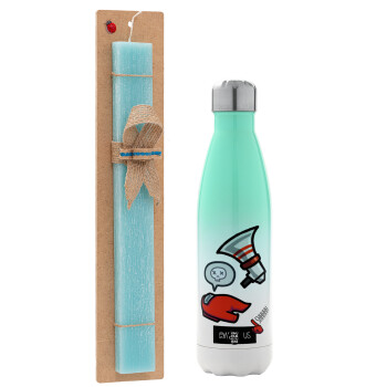 Among US Shhhh!!!, Easter Set, Metallic green/white thermos (Stainless steel), double-walled, 500ml & scented flat Easter candle (30cm) (TURQUOISE)