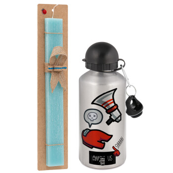 Among US Shhhh!!!, Easter Set, metallic silver aluminum water bottle (500ml) & scented flat Easter candle (30cm) (TURQUOISE)