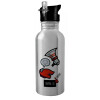 Water bottle Silver with straw, stainless steel 600ml