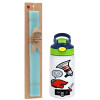 Easter Set, Children's thermal stainless steel bottle with safety straw, green/blue (350ml) & aromatic flat Easter candle (30cm) (TURQUOISE)