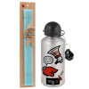 Easter Set, metallic silver aluminum water bottle (500ml) & scented flat Easter candle (30cm) (TURQUOISE)