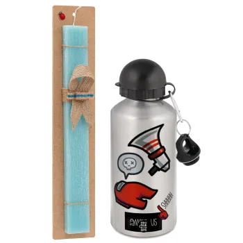Among US Shhhh!!!, Easter Set, metallic silver aluminum water bottle (500ml) & scented flat Easter candle (30cm) (TURQUOISE)