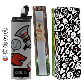 Among US Shhhh!!!, Easter candle with Grey Tumbler Thermo 600ml & aromatic flat candle (30cm) (GREY)