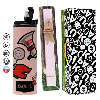 Among US Shhhh!!!, Easter candle,Travel Tumbler 2 Lids, with metal straw & cleaning brush & aromatic flat candle (30cm) (PINK)