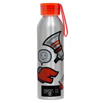Among US Shhhh!!!, Αλουμινένιο Αθλητικό Μπουκάλι 650ml – Ασημί με Κόκκινο Καπάκι και Λουράκι Σιλικόνης