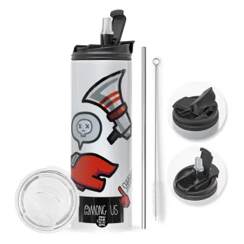 Among US Shhhh!!!, Travel Tumbler θερμό με διπλό καπάκι, μεταλλικό καλαμάκι και βούρτσα καθαρισμού (Ανωξείδωτο 304 Food grade, BPA free, 600ml)