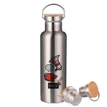 Among US Shhhh!!!, Μεταλλικό παγούρι θερμός (Stainless steel) Ασημένιο με ξύλινο καπακι (bamboo), διπλού τοιχώματος, 750ml