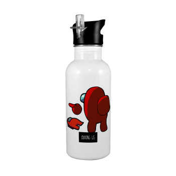 Among US i am impostor..., White water bottle with straw, stainless steel 600ml