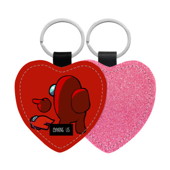 Among US i am impostor..., Μπρελόκ PU δερμάτινο glitter καρδιά ΡΟΖ